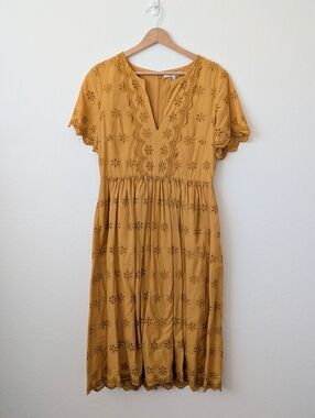 Madewell Golden Yellow Eyelet V-Neck Midi Dress Size 8